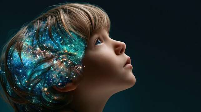 Beautiful double exposure portrait of a young child looking up, blended with a vibrant cosmic galaxy and glowing stars representing imagination, mind, and human potential.