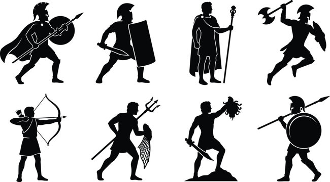 Ancient Greek Mythology Warrior and Hero Silhouette Collection with Spartan Soldiers and Legendary Characters