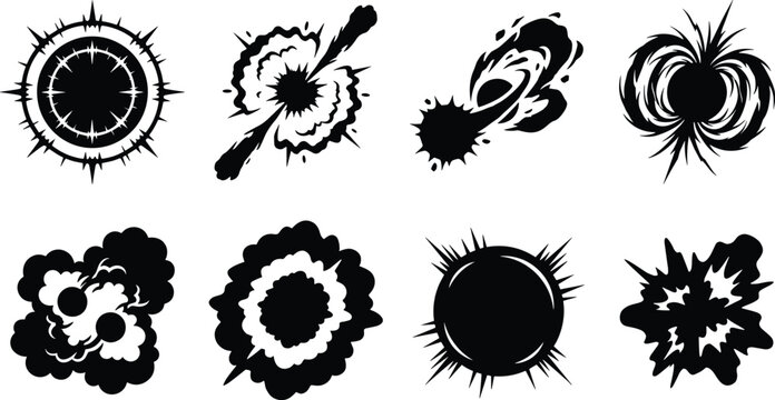 Comic Explosion and Energy Blast Silhouette Collection with Impact Burst Vector Design Elements