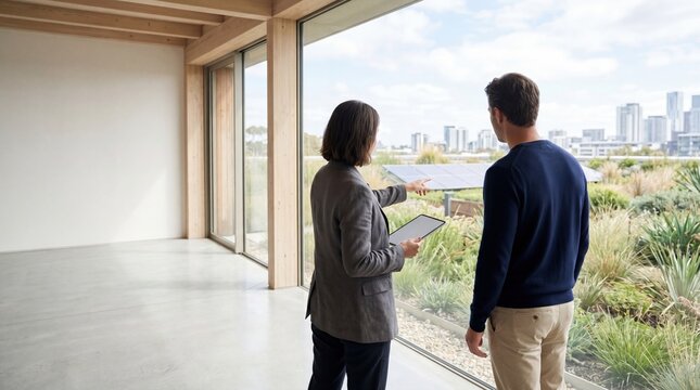 Real estate agent showing eco-friendly house features and solar panels to client through window in sustainable modern architecture interior.
