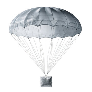 Silver parachute descending with a cargo package during a clear day isolated on transparent background