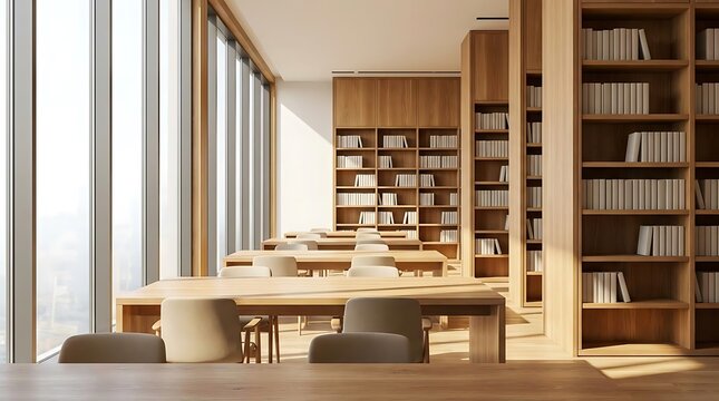 Modern library interior with tall windows and wooden bookshelves