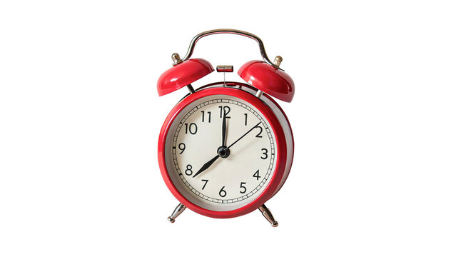 Classic bright red twin bell mechanical alarm clock isolated on transparent background cut out