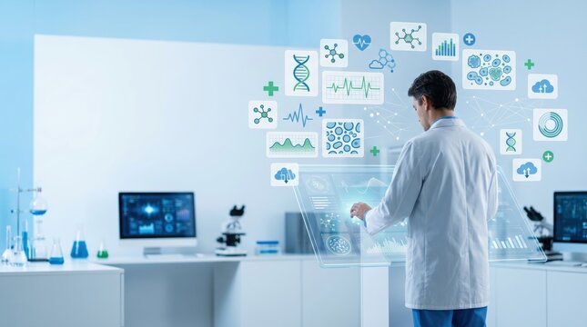 Male scientist analyzing holographic data in futuristic lab, medical research and biotechnology concept with digital icons floating around