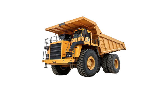 Massive yellow industrial mining dump truck heavy machinery vehicle isolated on transparent background cut out