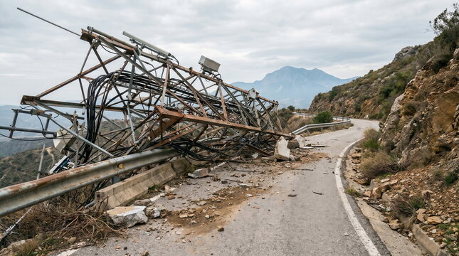 Fallen communication tower blocking mountain road after storm, depicting infrastructure failure and natural disaster impact.