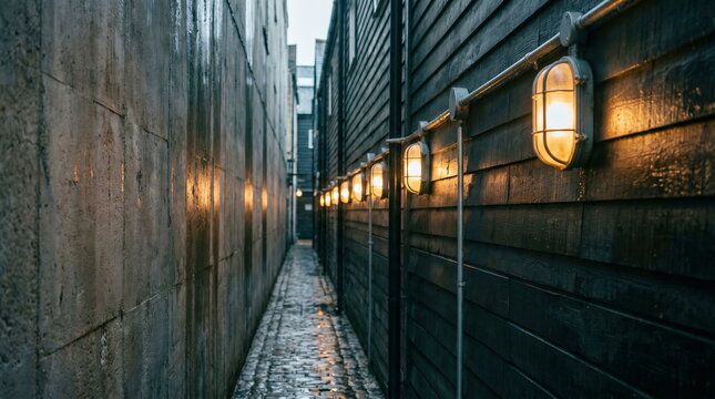 Narrow passage illuminated by vintage bulkhead lights along dark wooden siding and wet cobblestones, urban ambiance concept.