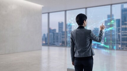 Fototapeta premium Businesswoman interacting with futuristic transparent touchscreen display showing network connections in high-rise office with city skyline view background