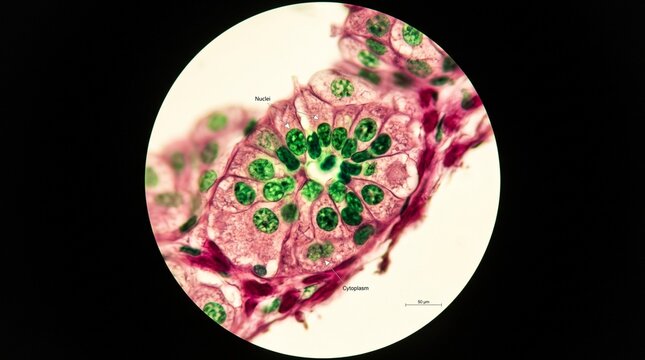 Pink Green Microscopic Tissue in Circular View