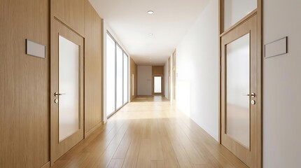 Fototapeta premium Modern interior hallway with natural light and wooden doors