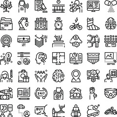 Fototapeta premium Collection of monochrome linear icons representing a wide range of concepts including business, medical, technology, lifestyle, environment, law, and everyday activities