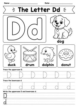 Alphabet Letter Dd Handwriting and Phonics Practice Worksheet with Dog, Duck, Drum, Dolphin, and Donut Illustrations