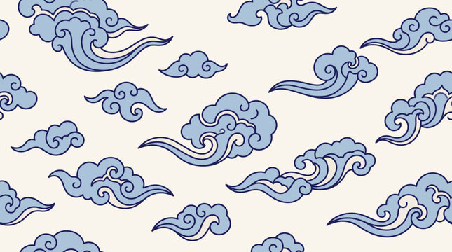 Elegant Asian-inspired seamless cloud pattern in traditional blue and white style illustration