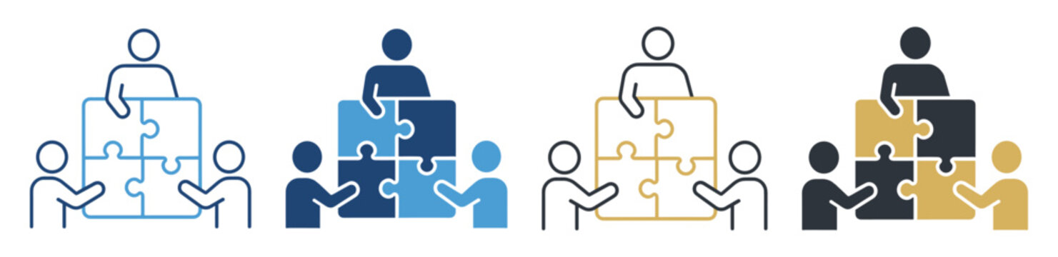 people joining puzzle pieces teamwork collaboration icon set on transparent background
