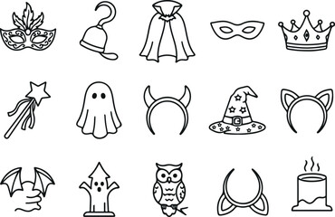 Obraz premium Costume Party and Halloween Accessories Icon Set - Hand Drawn Mask Cape and Witch Hat Doodles