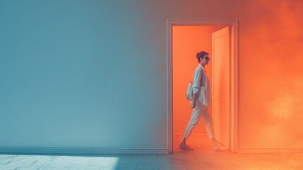 Fototapeta premium person entering cool indoor space from hot street, relief expression, temperature contrast concept