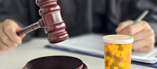 Obraz premium Court proceeding involving prescription medications and a judge gavel during a legal