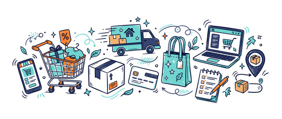 Fototapeta premium Online shopping concept with a delivery truck, shopping cart, laptop, smartphone, credit card, and package icons, representing e-commerce transactions and logistics