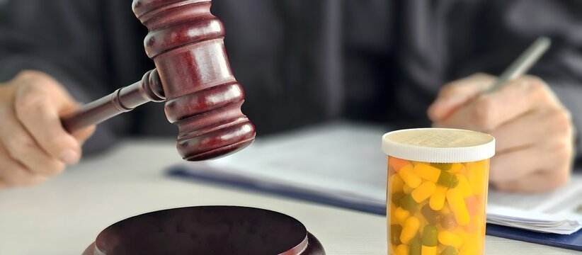 Court proceeding involving prescription medications and a judge gavel during a legal