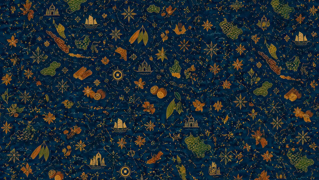 Modern Nusantara pattern. Indonesian seamless pattern by ancient Nusantara spice trading routes, abstract navigation paths and star maps