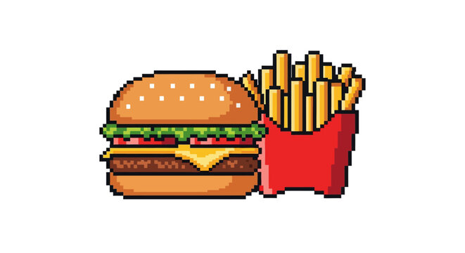 Pixel art cheeseburger and french fries fast food meal icon.