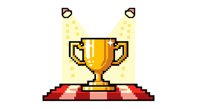 Pixel art golden trophy cup on a red and white pedestal.