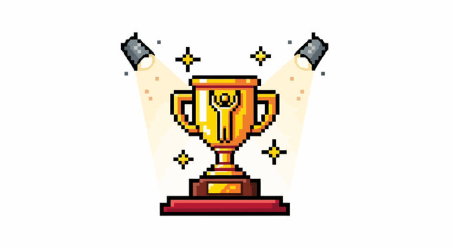 Pixel art golden trophy cup award for a first place champion.