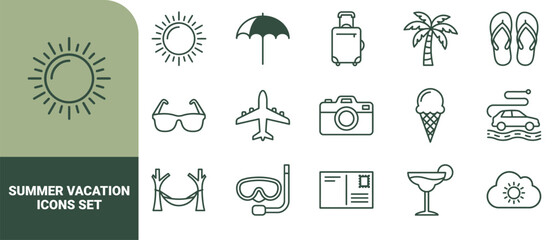 A collection of dark green line representing summer vacation, travel, beach activities, tourism, and holiday relaxation themes © ico-vect