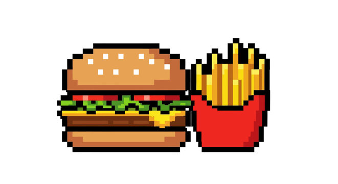 Pixel art illustration of a classic fast food meal with a hamburger and french fries.