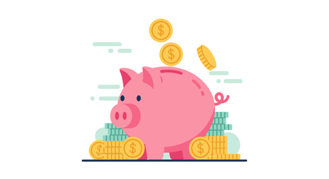 Pink Piggy Bank with Coins.