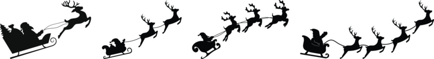 Santa Claus riding sleigh with reindeer set, flying Christmas silhouette illustration, festive holiday scene, winter Christmas vector art, traditional Santa sleigh. © Asma
