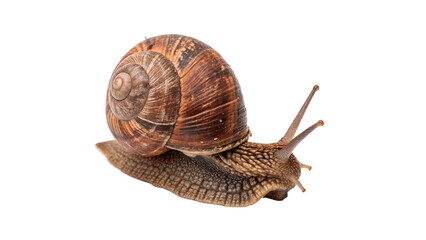 Detailed profile view of a brown garden snail crawling slowly isolated on transparent background © Roksana