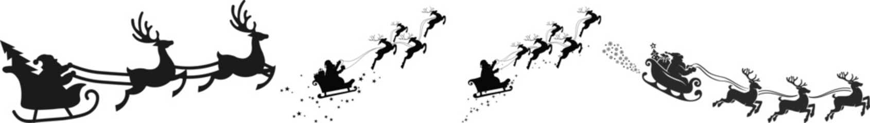 Santa Claus riding sleigh with reindeer set, flying Christmas silhouette illustration, festive holiday scene, winter Christmas vector art, traditional Santa sleigh. © Asma