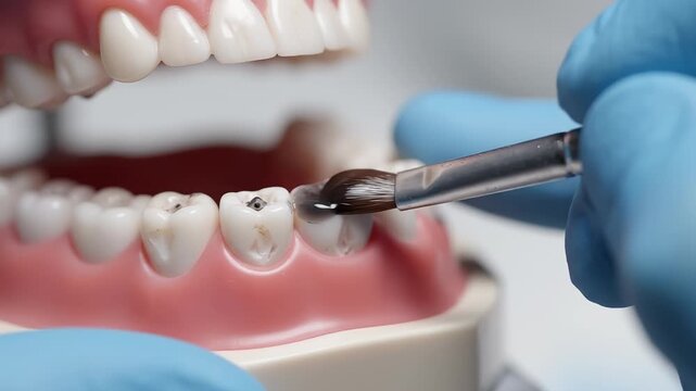 Dental technician working on a prosthetic jaw model applying sealant to the teeth for educational dental training, professional cosmetic dentistry procedures in a clinical environment.