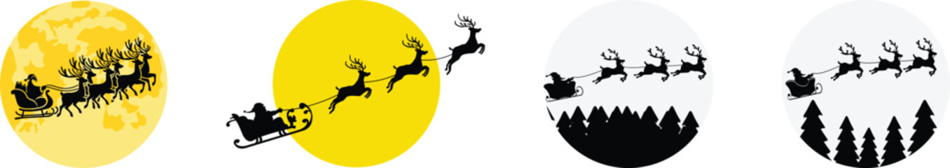 Santa Claus riding sleigh with reindeer set, flying Christmas silhouette illustration, festive holiday scene, winter Christmas vector art, traditional Santa sleigh. © Asma