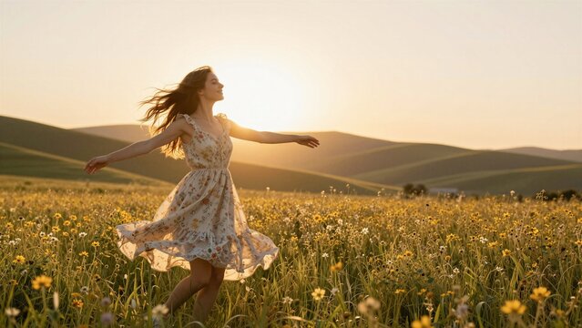 A joyful woman twirls in a vibrant meadow of wildflowers during golden hour, arms outstretched against rolling hills and warm sunlight.
