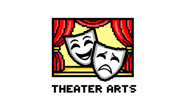 Pixel Art Theater Arts Logo with Comedy and Tragedy Masks.