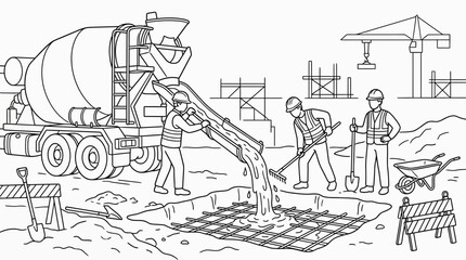 Obraz premium Construction Site Coloring Page with Cement Mixer Truck and Workers