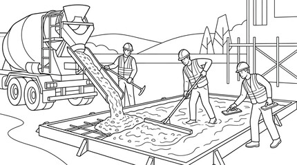 Obraz premium Construction Site Coloring Page: Workers Pouring Concrete from Cement Mixer Truck