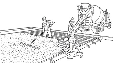 Obraz premium Construction Site Coloring Page: Workers Pouring and Leveling Concrete with Mixer Truck
