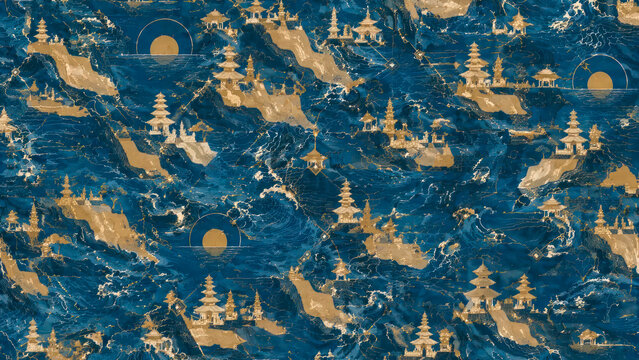 Luxury Balinese Temple Seamless Pattern with Ocean Wave Motifs and Golden Accents