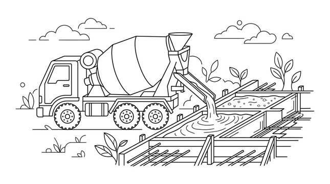 Concrete Mixer Truck Pouring Cement on Construction Site Foundation Line Art Illustration