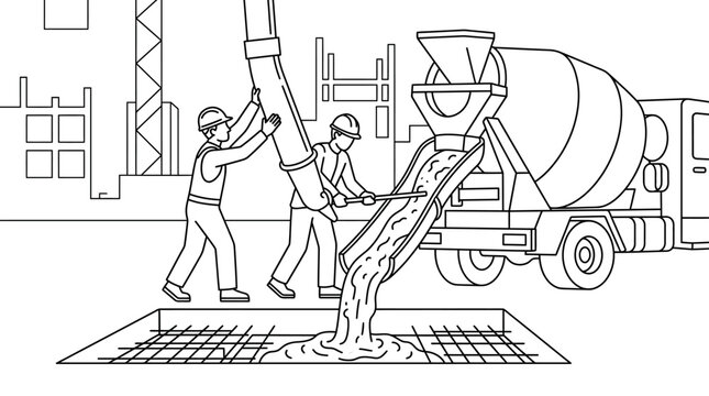 Construction Workers Pouring Concrete from Cement Truck Line Art Illustration