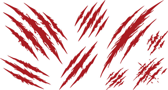Scratches red monster claw marks on white background, blood, animal, predator, beast, damage