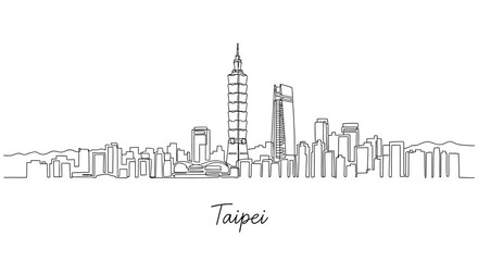 Obraz premium Taipei Cityscape Continuous Line Art Drawing, Minimalist Architecture