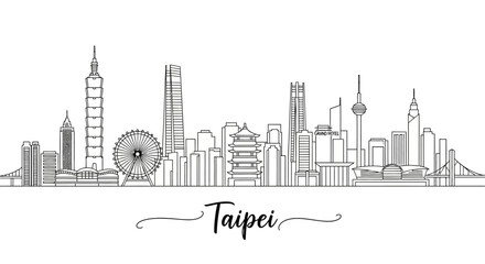 Obraz premium Taipei Cityline Skyline, Minimalist Illustration, Monochrome Design