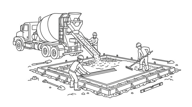 Construction Workers Pouring Concrete Foundation with Mixer Truck Line Art