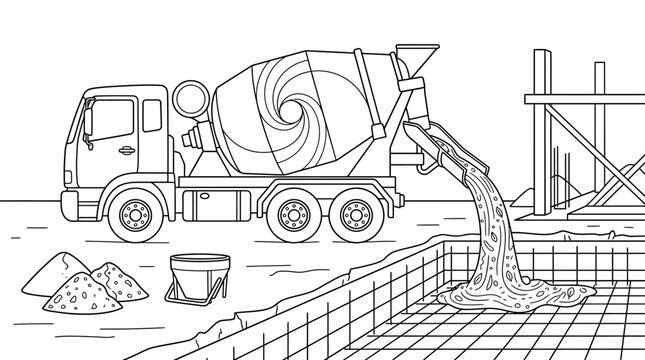 Concrete Mixer Truck Pouring Cement at Construction Site Foundation Coloring Page