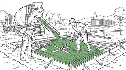 Obraz premium Construction Workers Pouring Concrete Foundation with Mixer Truck Line Art Coloring Page