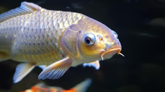 Close-up of a golden and silver translucent koi fish swimming in dark water, showing detailed iridescent scales, blue-ringed eye, and fins against a black background.